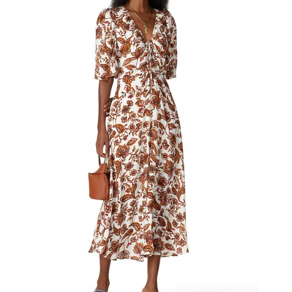 NICHOLAS Dresses & Skirts - Nicholas Dress Womens 8 White Orange Floral‎ Printed Danielle Linen Midi